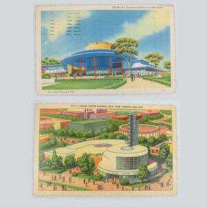 1939 New York Worlds Fair 2 Linen Postcards Borden Rotolactor & Glass Center